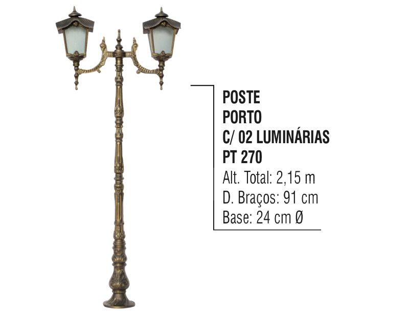 Poste Colonial Porto para Jardim Alumínio 02 Luminária 2,15m  - Panela de Ferro Fundido