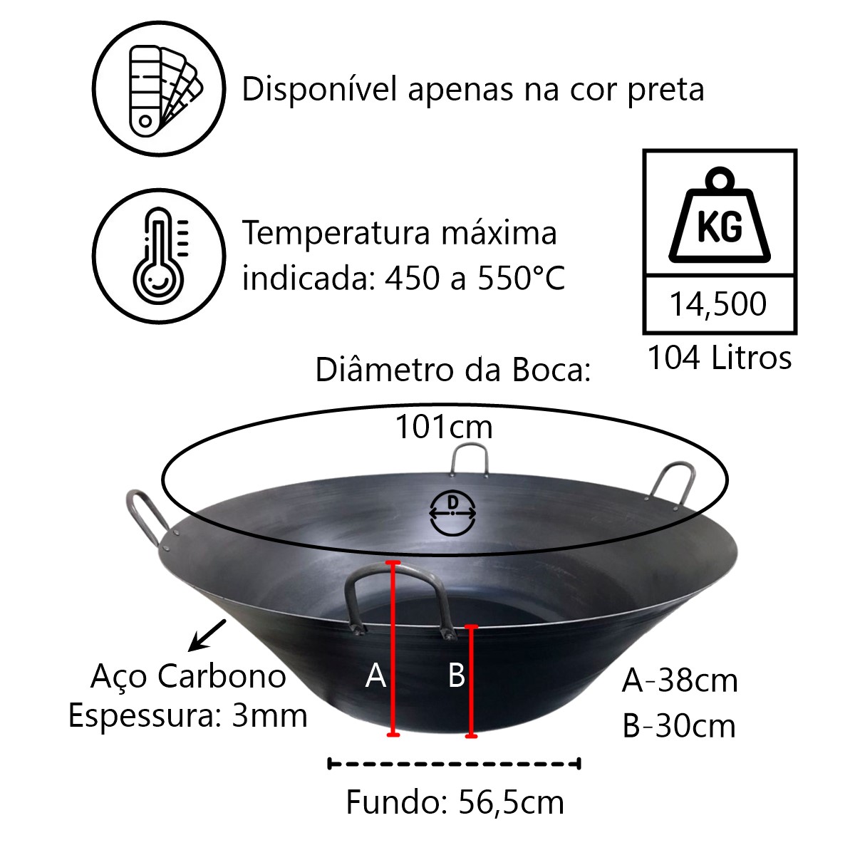 Tacho Beira Alta Preto Aço Carbono 104 Litros 101cm Diâmetro