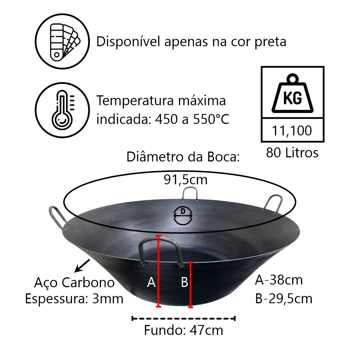 Tacho Beira Alta Preto Aço Carbono 80 Litros 91,5cm Diâmetro