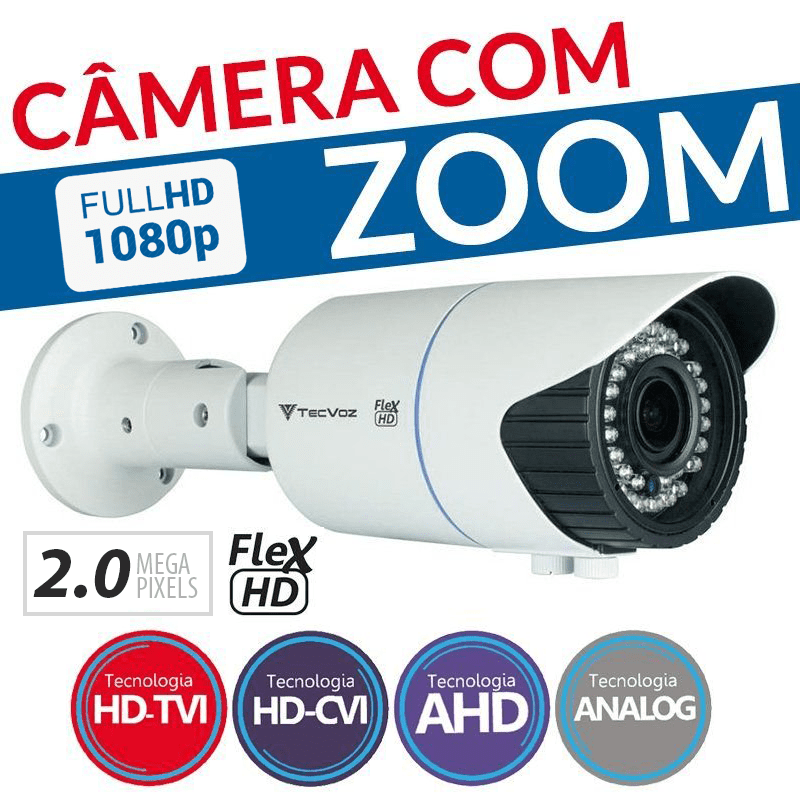 Câmera Tecvoz Varifocal com Zoom Flex HD QCB-20v Full HD (2.0MP | 1080p | 2.8mm~12mm | Metal).