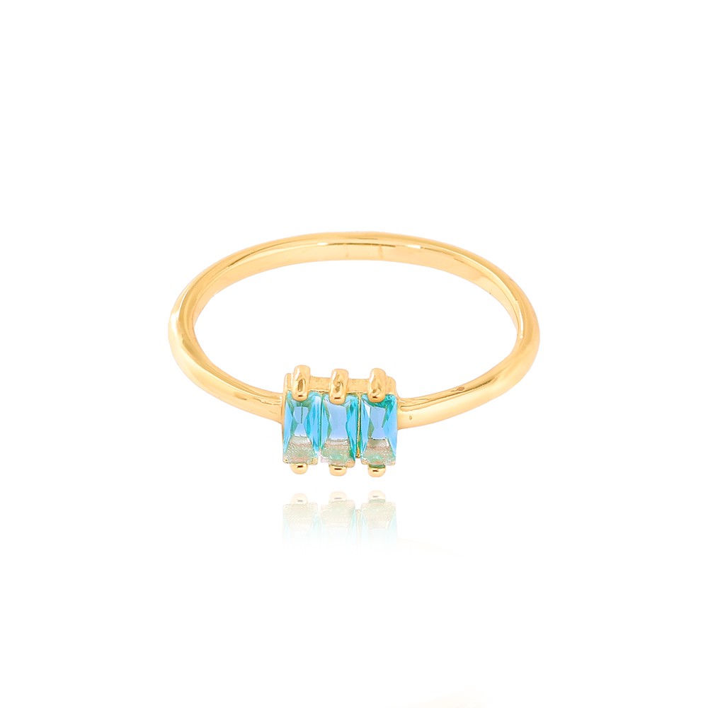 Anel Liso com Três Pedras Folheado Ouro 18K Cristal Aquamarine