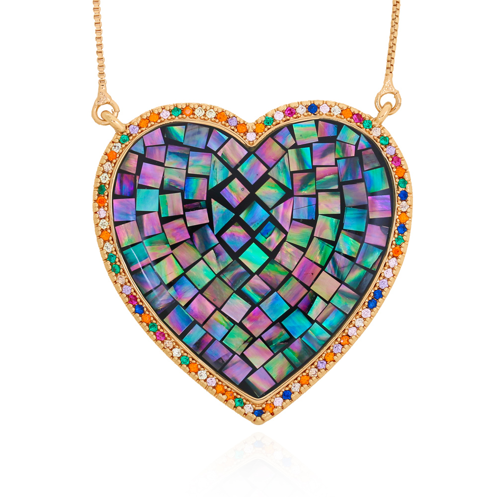 Colar com Pingente Coração Grande em Mosaico Coloridos Semijoia Champgne