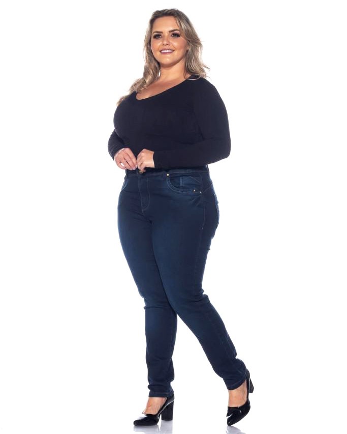 Calça Jeans Feminina Plus Size Skinny Lavagem Escura