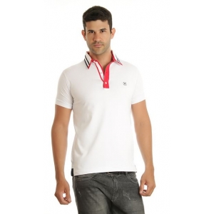 Camisa Polo Masculina Cotton Branca/Marinho Norte - Luxo
