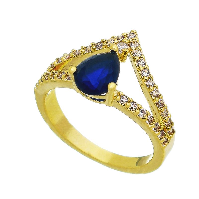 Anel Coroa Gota Cristal Azul com Pedra Zircônia Folheado em Ouro 18k 