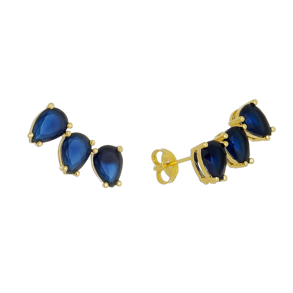 Brinco Ear Cuff 3 Gotas Cristal Azul Folheado em Ouro 18k
