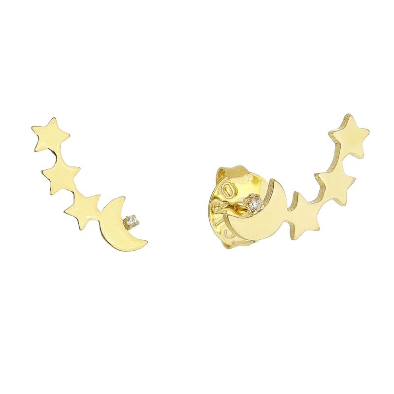 Brinco Ear Cuff com Lua e Estrela com Zircônia Banhado em Ouro 18k