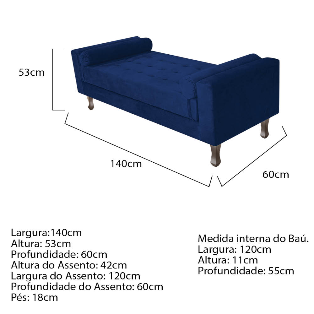 Kit Cabeceira Lady e Recamier Félix 140 cm Casal Suede Azul Marinho - Doce Sonho Móveis