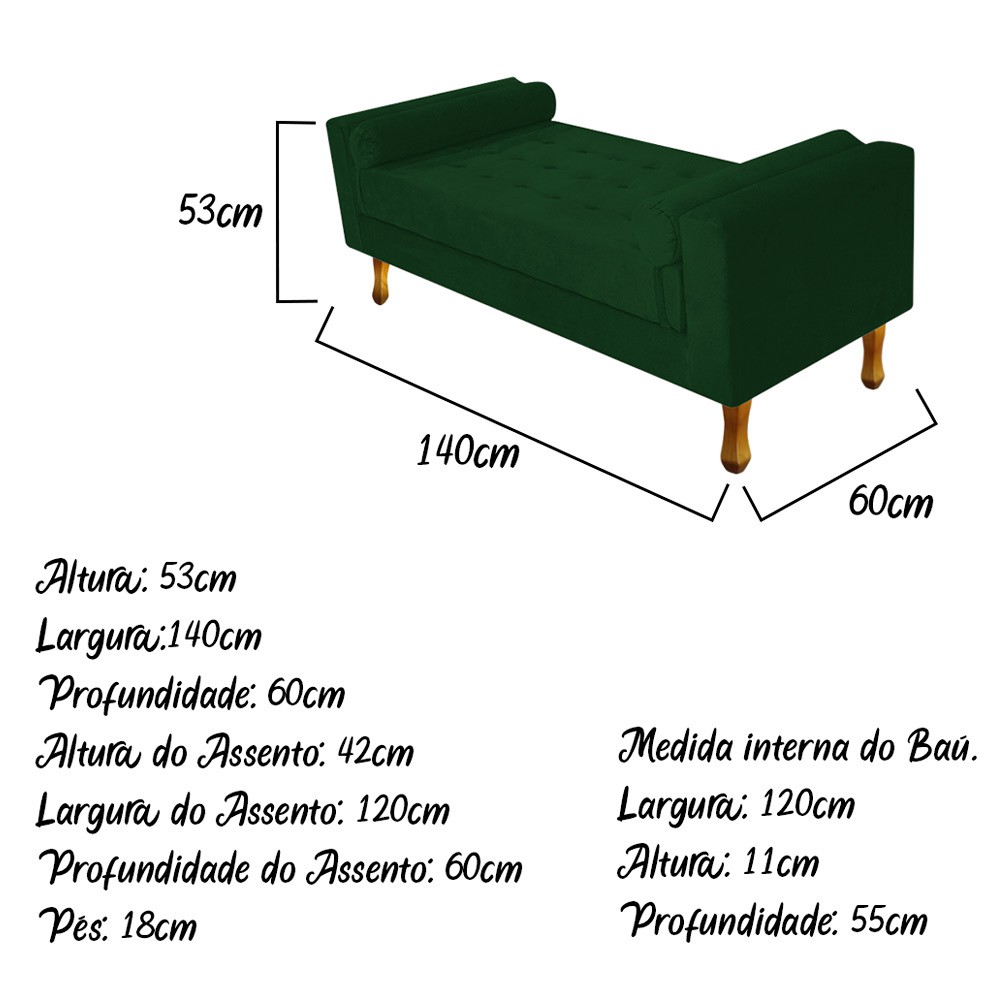 Recamier Baú Félix Casal 140cm Suede Verde - Doce Sonho Móveis