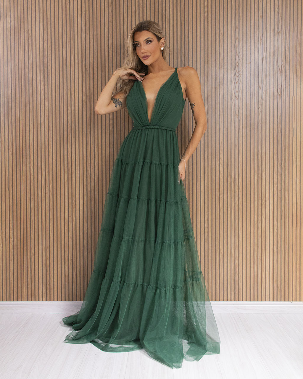 Vestido Longo Verde Esmeralda em Tule Raquel - Empório NM