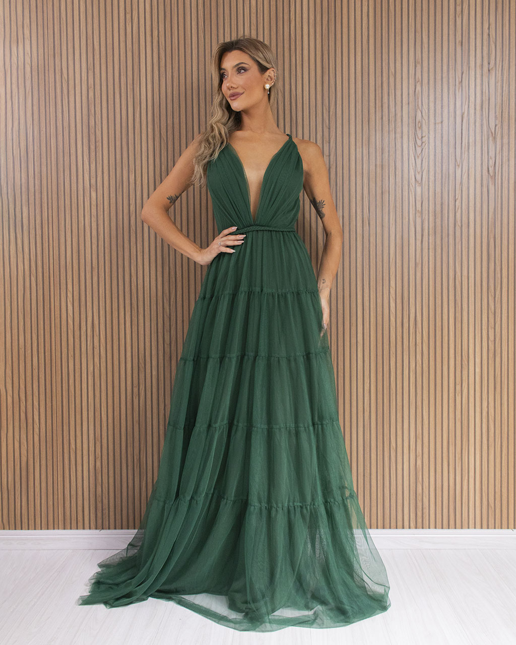Vestido Longo Verde Esmeralda em Tule Raquel - Empório NM