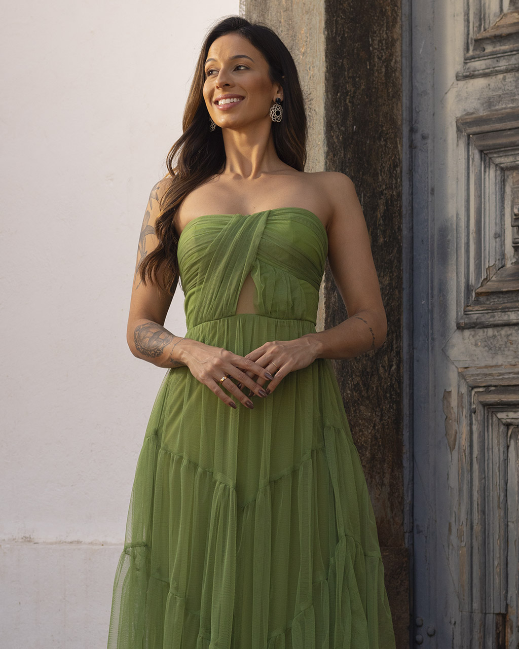 Vestido Longo Verde Oliva em Tule Sandy - Empório NM
