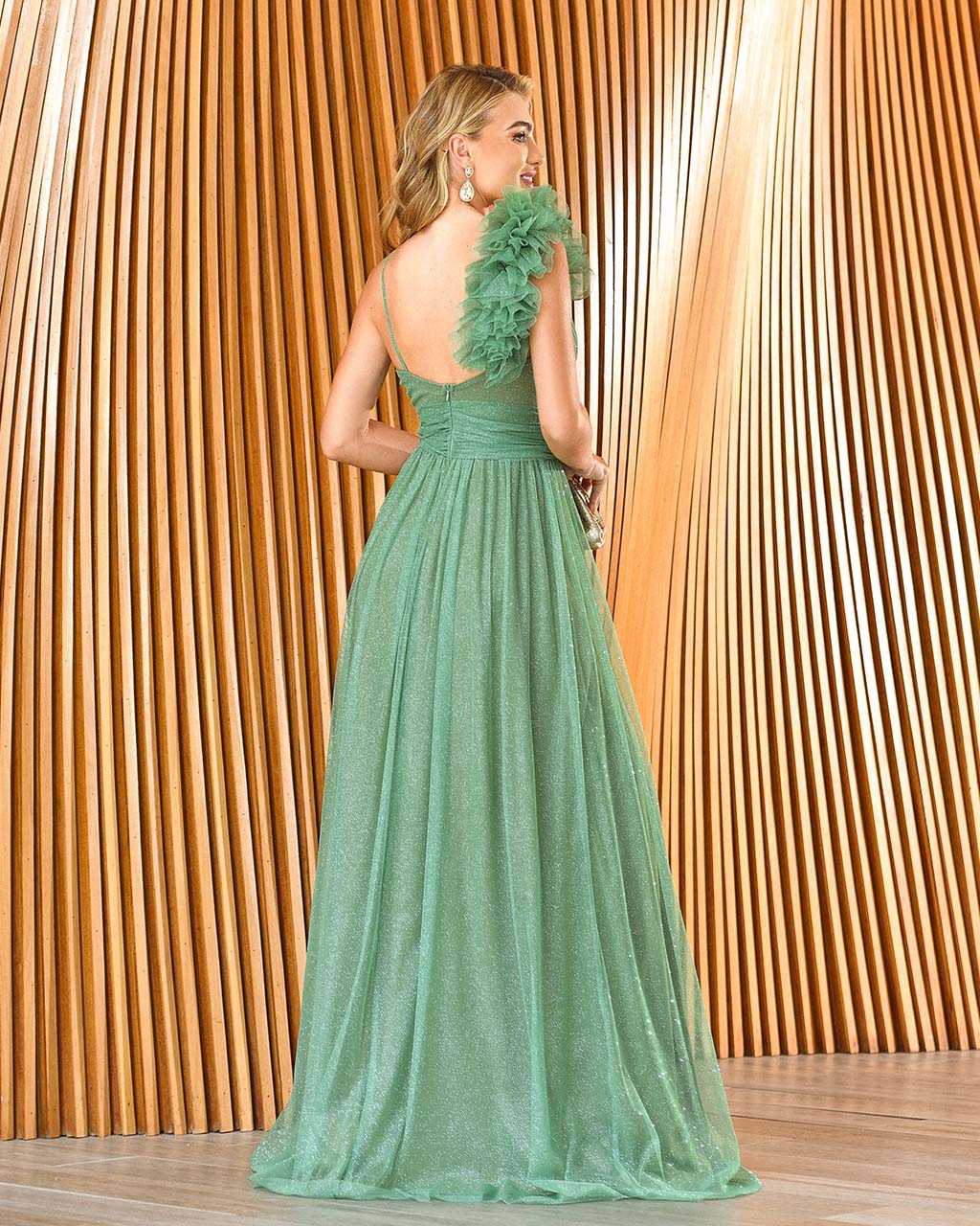 Vestido Longo Verde Oliva em Tule Liliane  - Empório NM