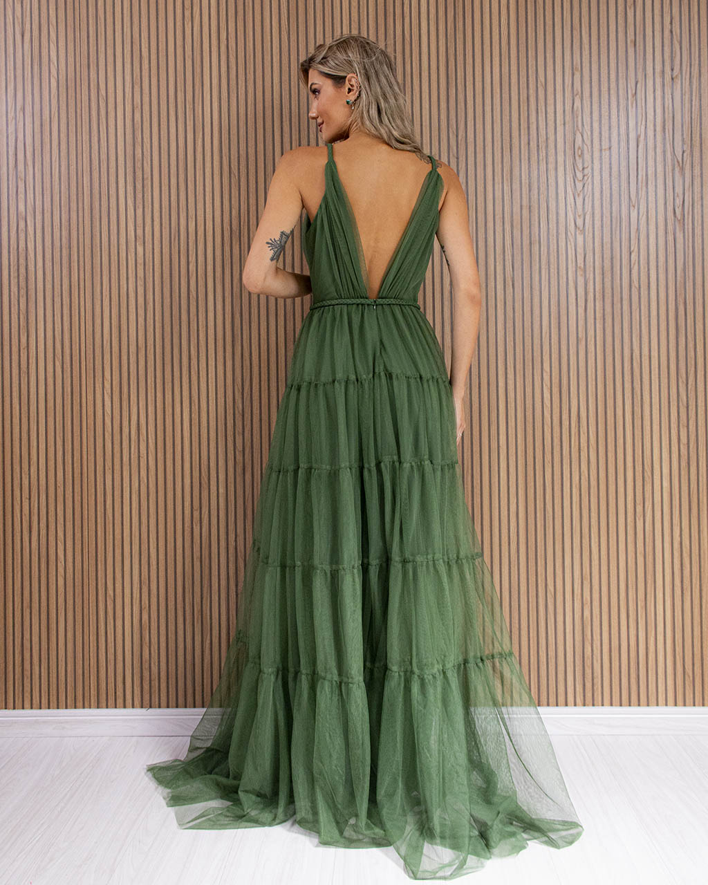 Vestido Longo Verde Oliva em Tule Raquel  - Empório NM