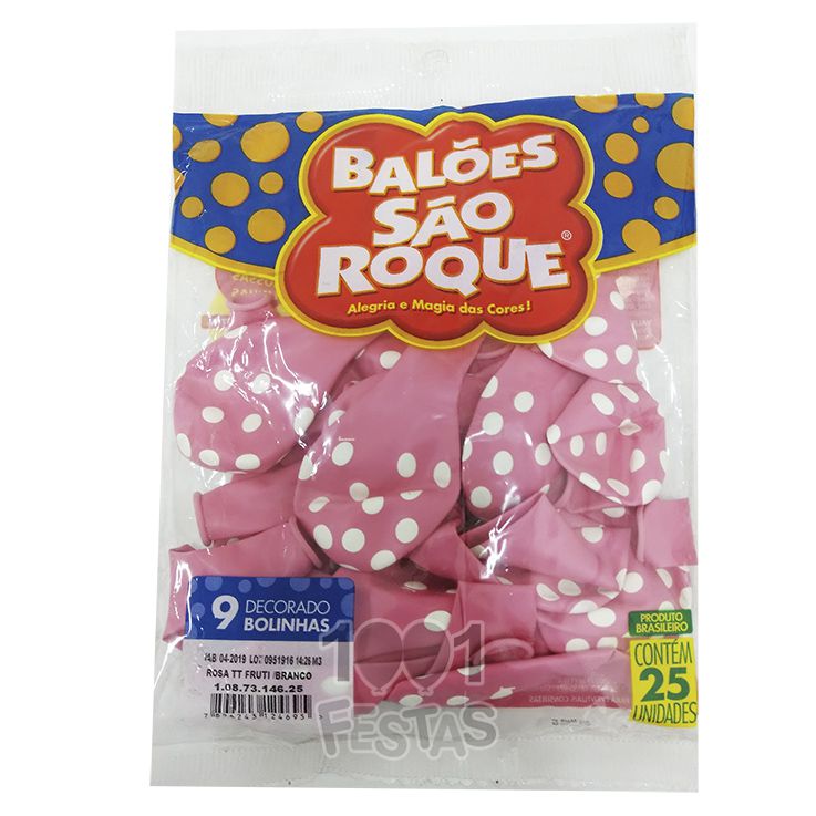 Balão Poá Rosa Tutti Frutti Bolinha Branco N9 25 unid São Roque