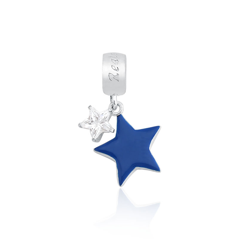 Berloque Pingente Estrela Azul Ponto Luz em Prata 925 esmaltada