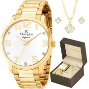 kit de relógio analógico champion feminino + colar + brinco - cn26028w dourado