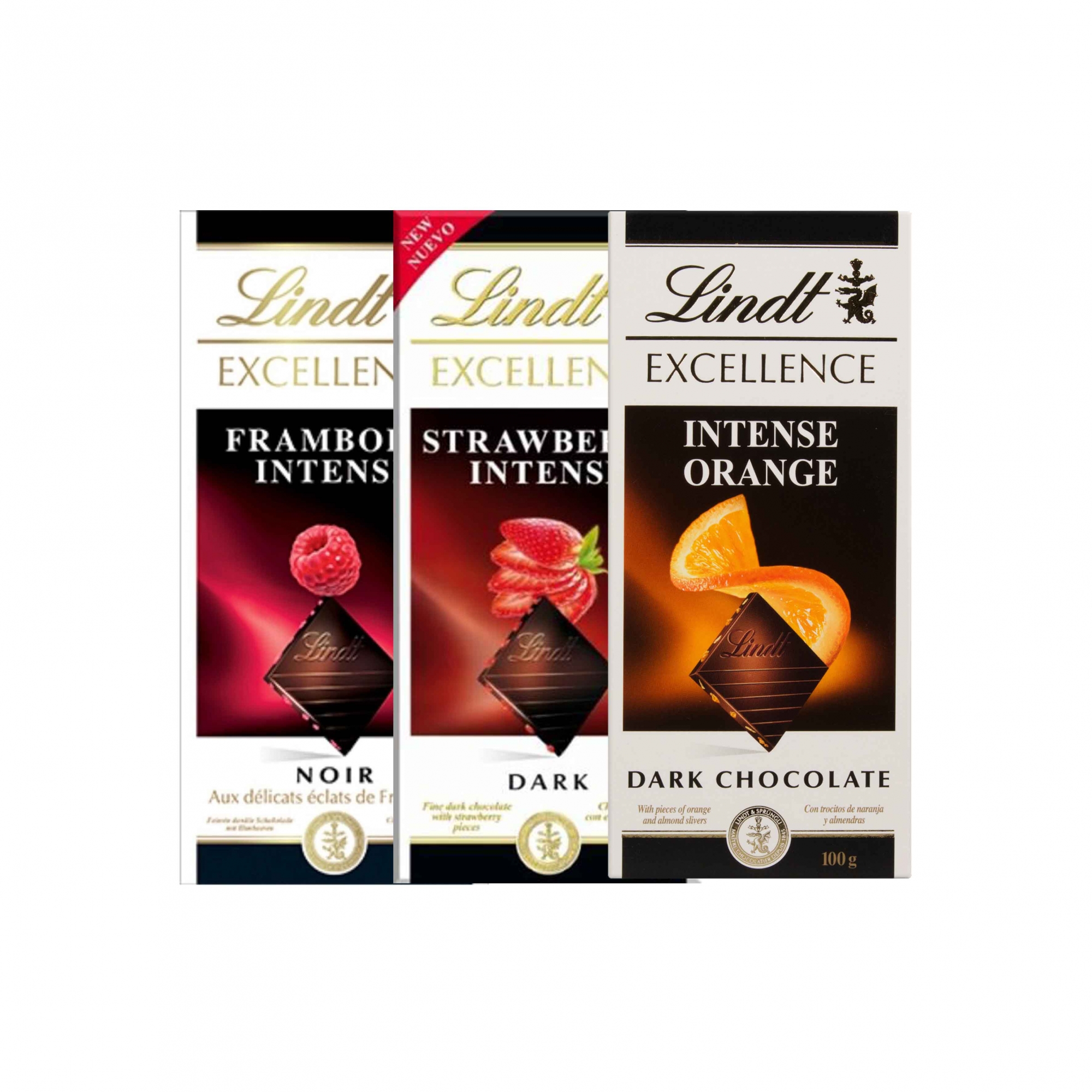 Kit 3x Chocolate Lindt Excellence Intense Framboesa, Strawberry e Orange 100g Dark