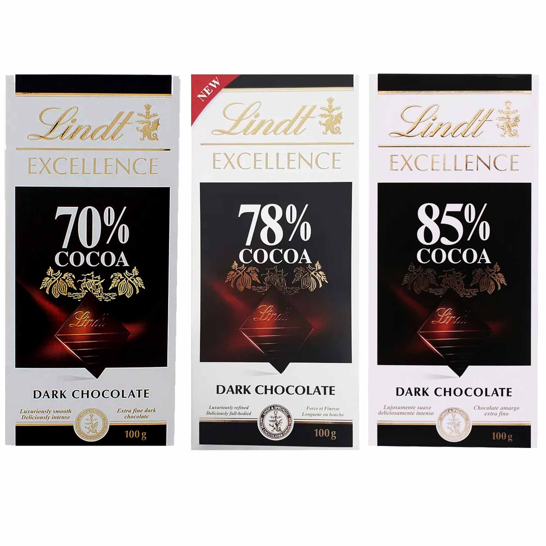 Kit 3x Chocolates Lindt 70%, 78% e 85% Amargo 100g Dark