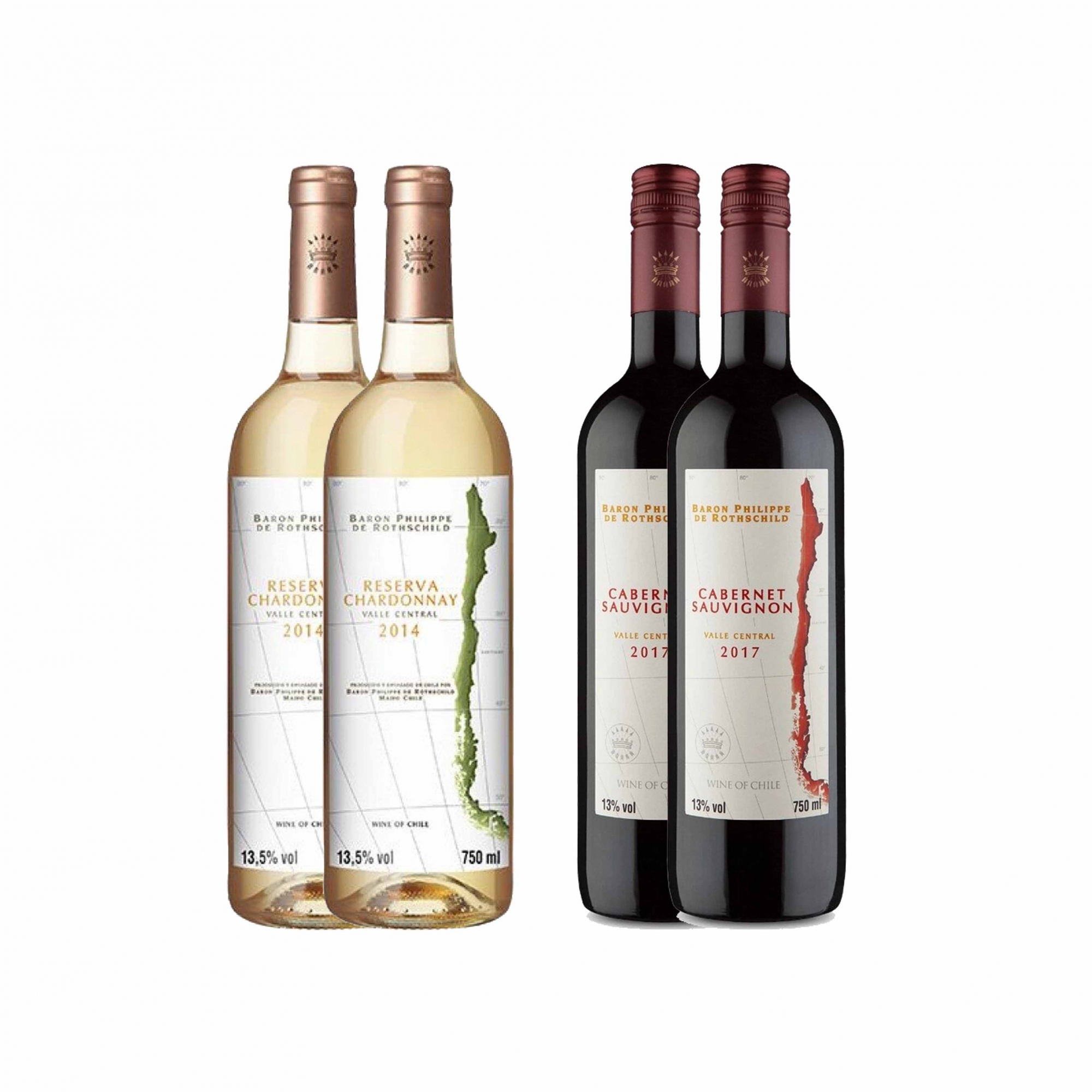 Kit 4x Vinho Branco/Tinto Chileno Baron Philippe de Rothschild Chardonnay/Cabernet Sauvignon 750ml