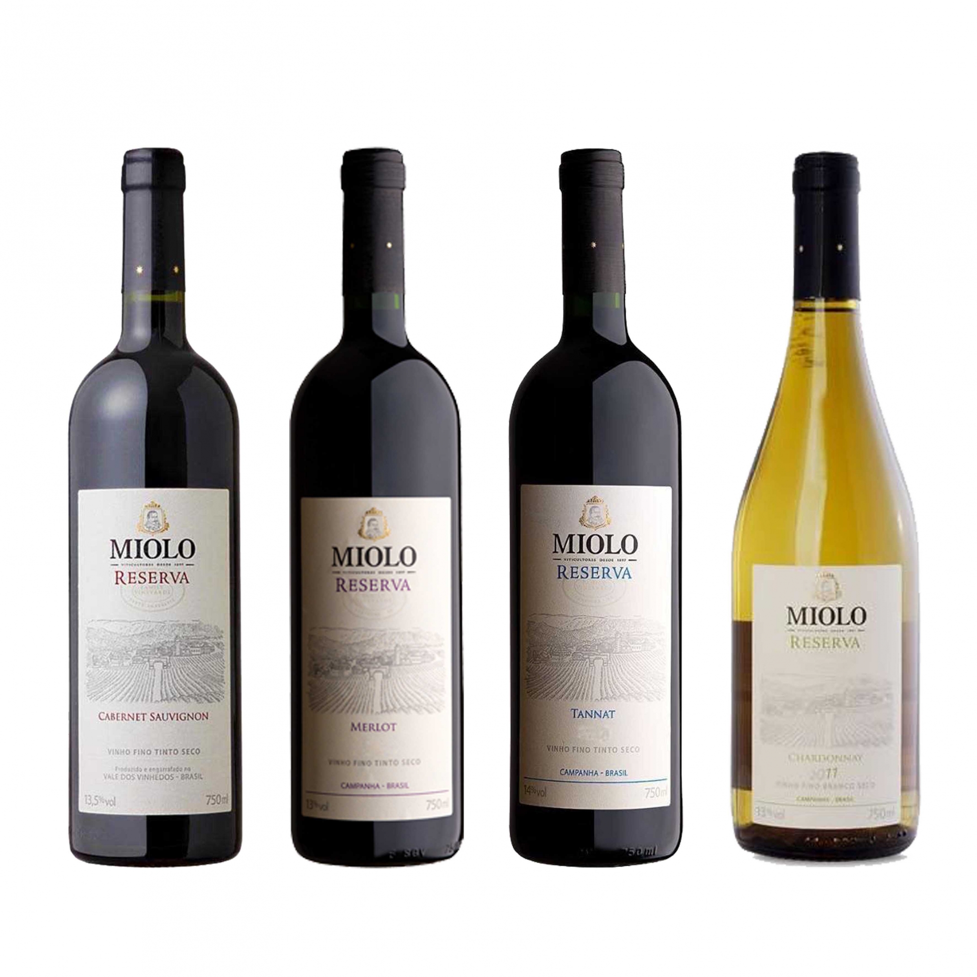 Kit 4x Vinho Brasileiro Tinto Miolo Reserva Cabernet Sauvignon, Merlot, Chardonnay e Tannat 750ml