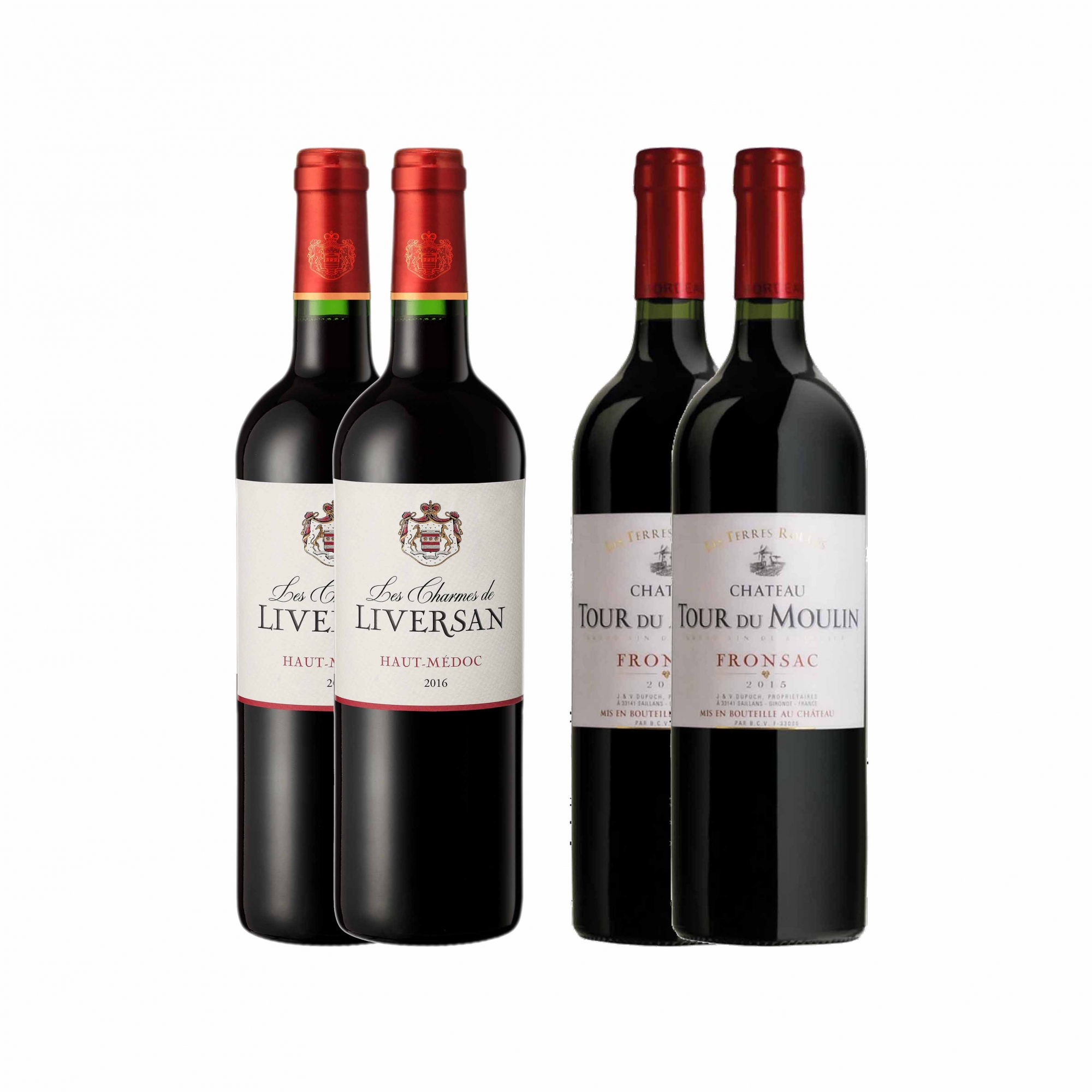 Kit 4x Vinho Francês Tinto Les Charmes de Liversan Haut Medóc e Château Tour Du Moulin Les Terres Fronsac