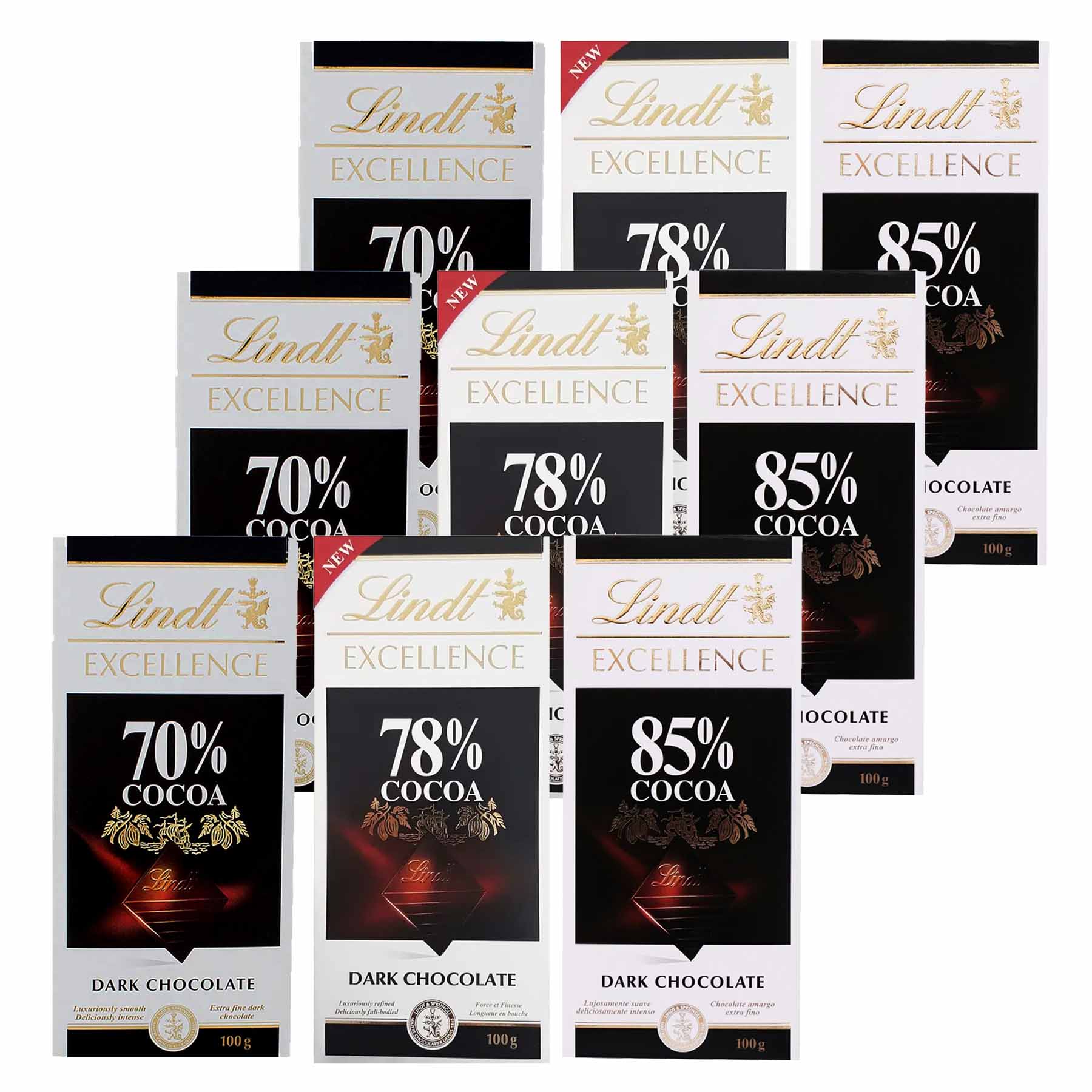 Kit 9x Chocolates Lindt 70%, 78% e 85% Amargo 100g Dark