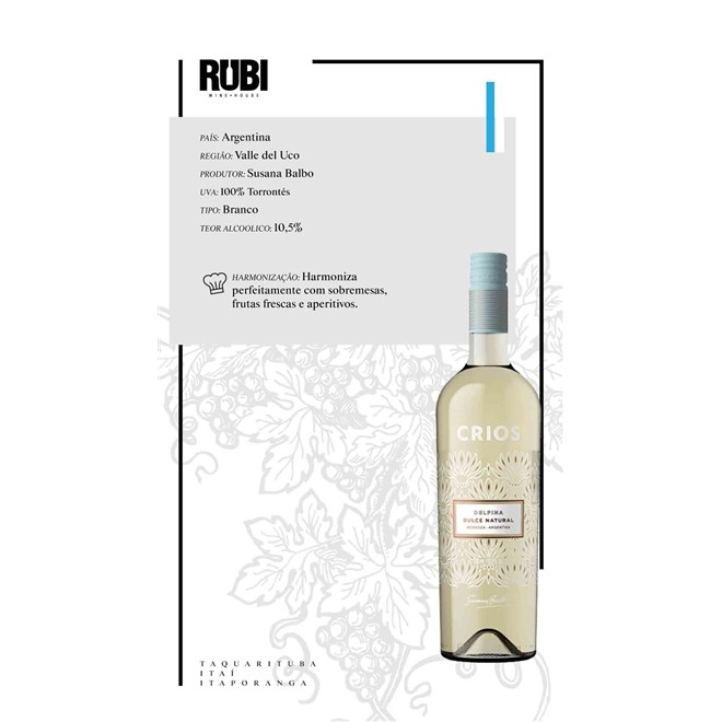 Kit com 6 Vinho Branco Argentino Susana Balbo Dulce Natural Crios 750ml