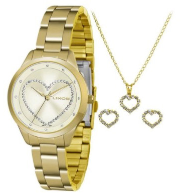 Relógio Lince Feminino Dourado Brinco+Colar LRG4557LKV11C1KX