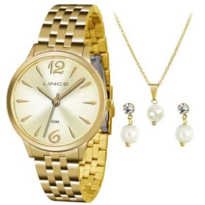 Relógio Lince Feminino Dourado Brinco+Colar LRGH047LKT91C2KX