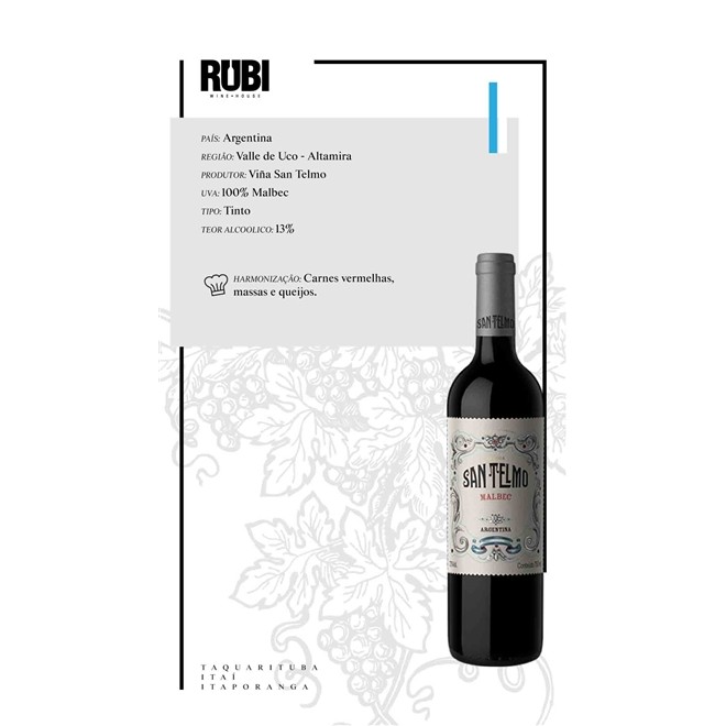 Vinho Tinto Argentino Bodega San Telmo Malbec 2020 750ml