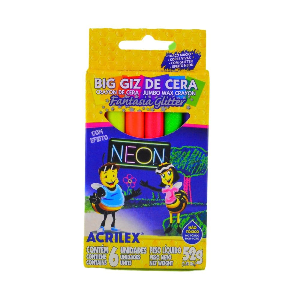 Big Giz De Cera Acrilex Blister Com 06 Cores Glitter Efeito Neon - 40118