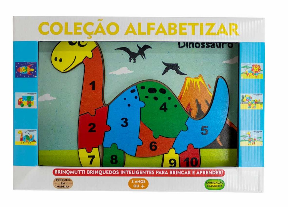 Coleção Alfabetizar Dinossauros - Números - Brinquedo Educativo de Madeira - Quebra Cabeça