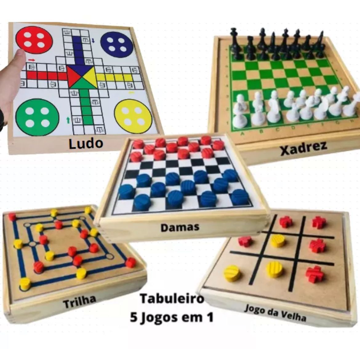 Jogos 5 em 1 Jogos Clássicos e Tradicionais Brinquedo Educativo de Madeira  Jogos e Desafios Bambalalão Brinquedos Educativos