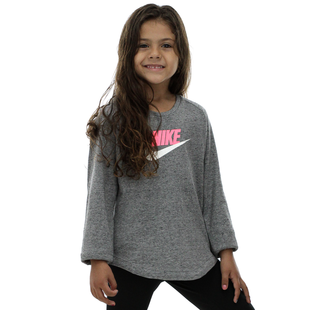 Camiseta Nike Manga Longa Sportswear Cinza e Rosa - Feminina Infantil