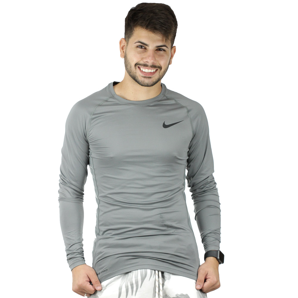 Camiseta Nike Pro Tight Manga Longa Grafite e Preto - Masculina