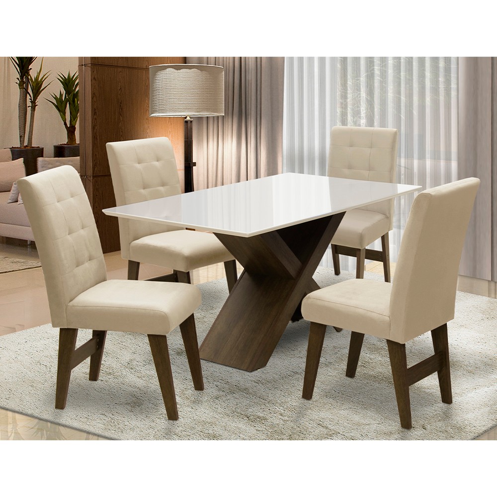 Conjunto Mesa de Jantar com 04 Cadeiras Agata 135cm Castanho/Branco Off/Bege - ADJ DECOR