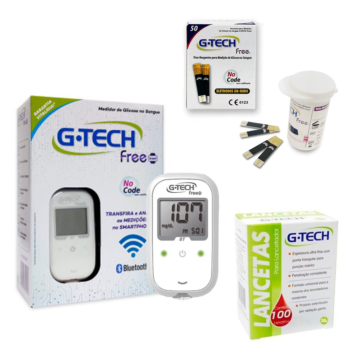 Kit Medidor de Glicose Free Smart + Tiras Reagentes + Lancetas