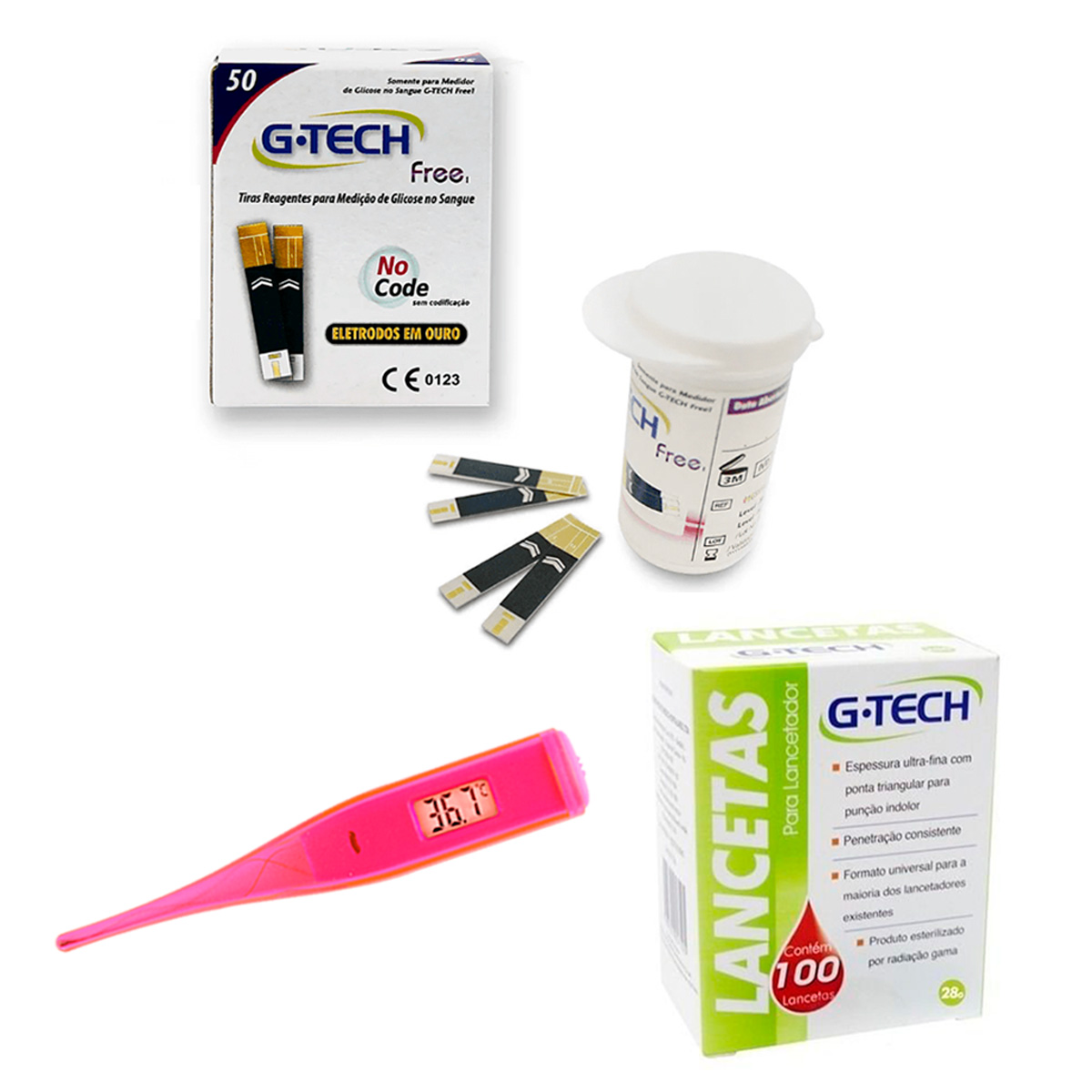 Kit Tiras Reagentes G-tech Free + Lancetas + Mini Termômetro