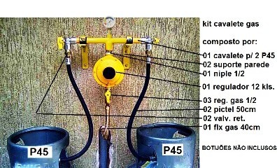 Kit Cavalete para 02 Botijões P45 Completo Com Manômetro 14 Pçs - P45K100