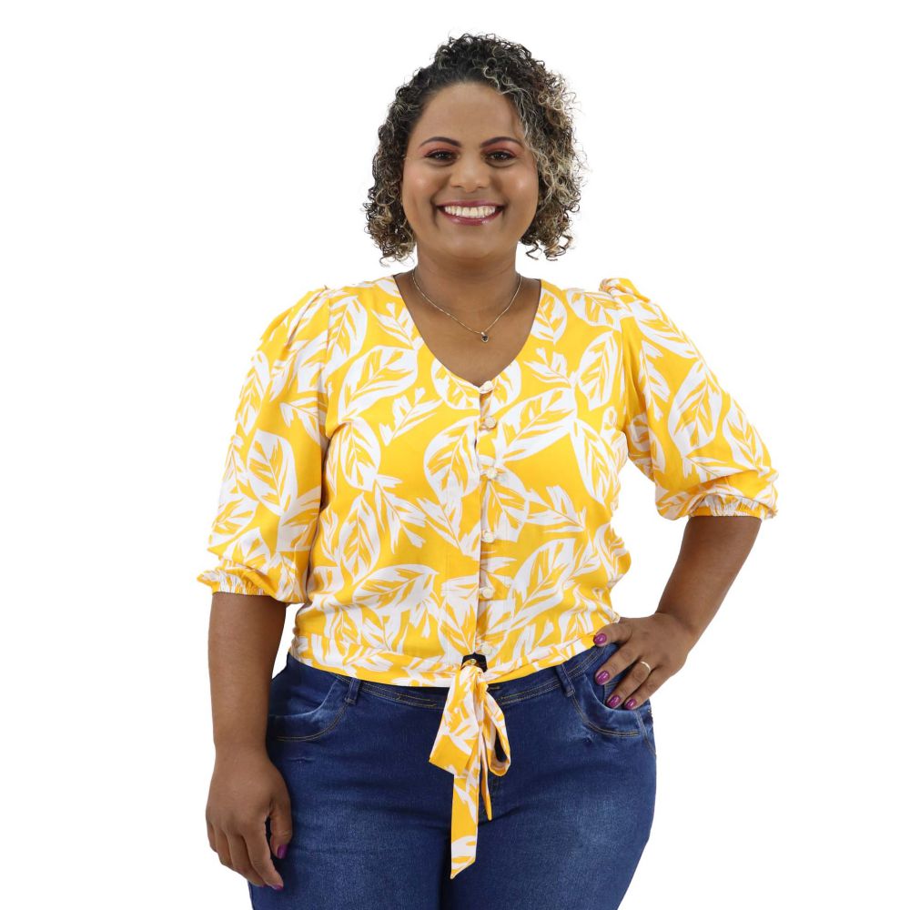 Blusa Plus Size de Botões e Amarração Amarela