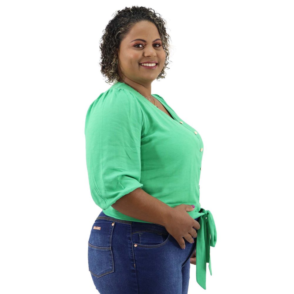 Blusa Plus Size de Botões e Amarração Verde