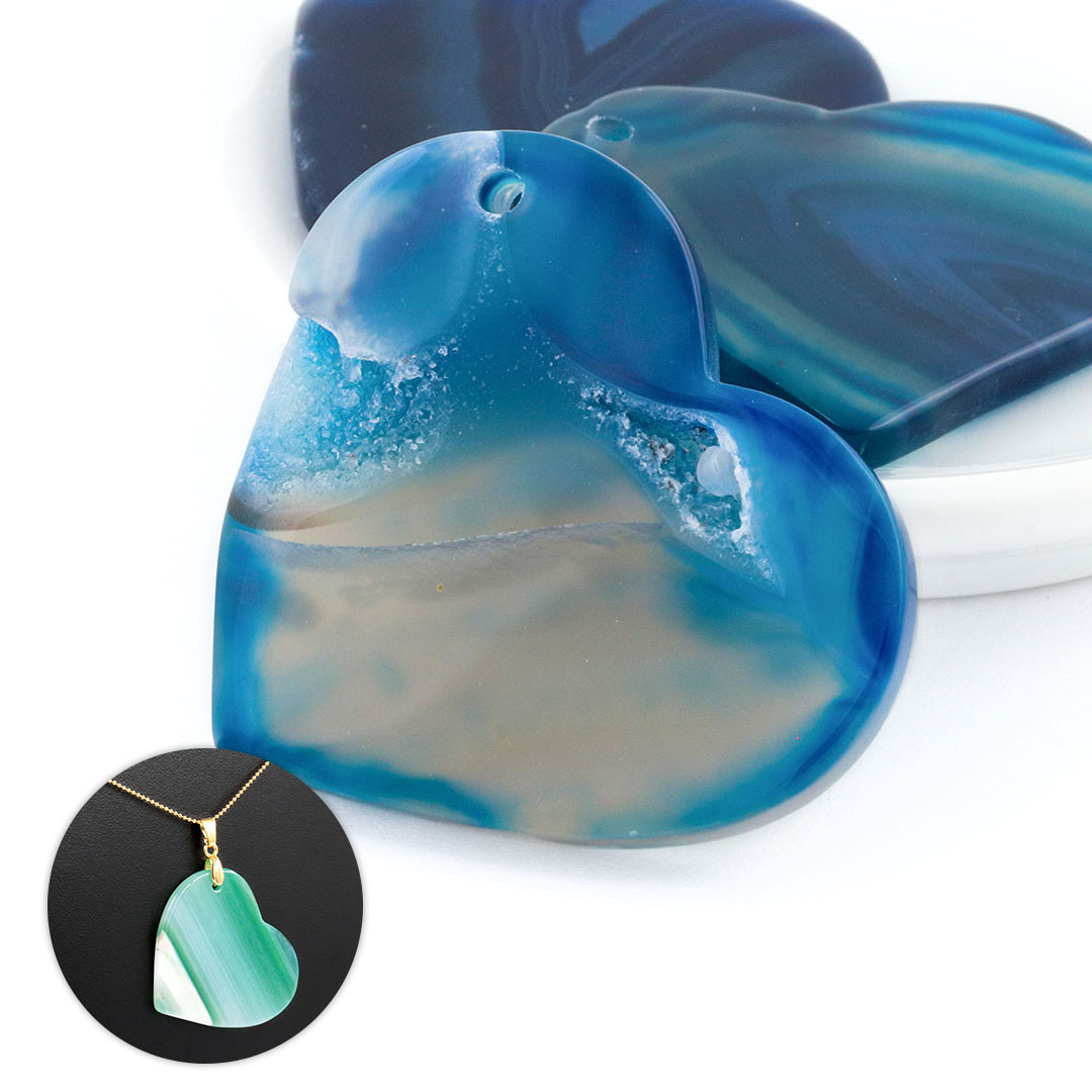 Coração de Chapa de Ágata Azul com Furo Lateral 3 à 4cm - 1 Peça - PA088